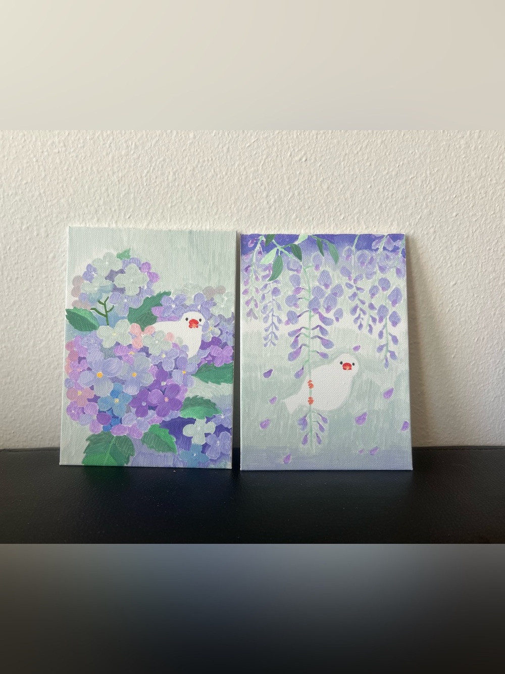 Set of 2- Purple Blooms and White Plumage hand-painted 5x7 Acrylic Painting